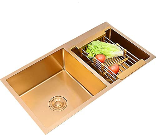 Küchenspülen, Doppelwaschbecken, Gold-Edelstahlspüle, inklusive Seifenspender, Überlauf- und Abflussarmaturen, Montage auf der Oberseite und bündige Montage (Farbe: Gold, Größe: 80 x 45 x 22