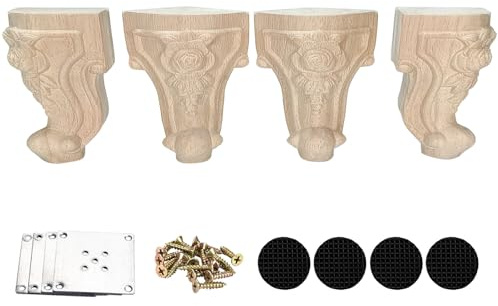 Wooden Furniture Legs with Mounting Plates Screws Set of 4 10cm Solid Wood Unfinished Rose European Style Replacement Furniture Feet for Couch Cabinet Sofa Ottoman TV Stand Home DIY Projects (4inch)