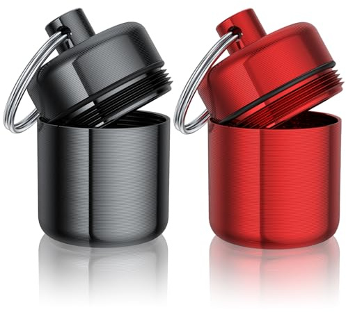 Urekt 2 Pack Multi-purpose Portable Aluminium Case, Waterproof Ear Plug Holder, Pill Box, Jewelry Holder Keychain (Grey Red, 2 count)