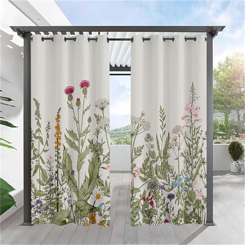 Hiseng wasserdichte Vorhänge Outdoor, 3D Pflanze Drucken Outdoorvorhänge Wetterfest 2 Stück Verdunkelungsvorhang Blickdicht mit Ösen Sichtschutz Sonnenschutz Vorhang (91x213cm,Grün Pflanze)