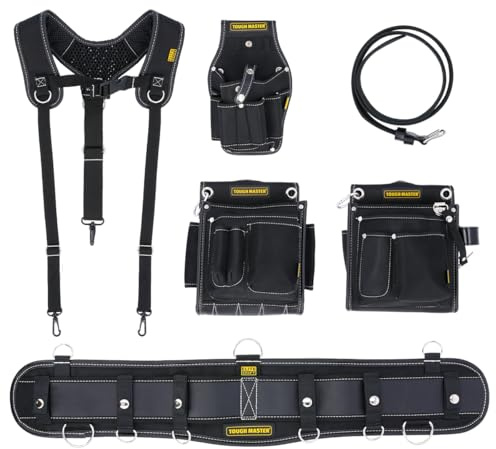 TOUGH MASTER Premium Tool Belt with Suspenders Drill Holster & Leather Work Belt, Professional Quality, Durable, Removable Multi-Pocket Pouches, Padded Belt with Massage Foam Support for Carpenters