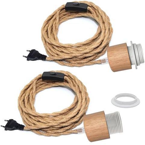 2PCS Lustre Corde de Chanvre avec Prise, 500CM Câble, Douille Ampoule E27 avec Interrupteur, Corde Lampe Suspension avec Prise, Suspension Luminaire Corde, Lampe Suspendue Vintage, Lampadaire DIY