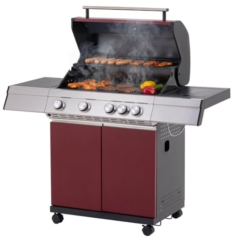 Tarrington House Gasgrill 4-Hauptbrenner und Seitenbrenner Gasgrill Paxton, Grillfläche 41 x 71 cm, Ablagetisch, fahrbar, Stahl, rot