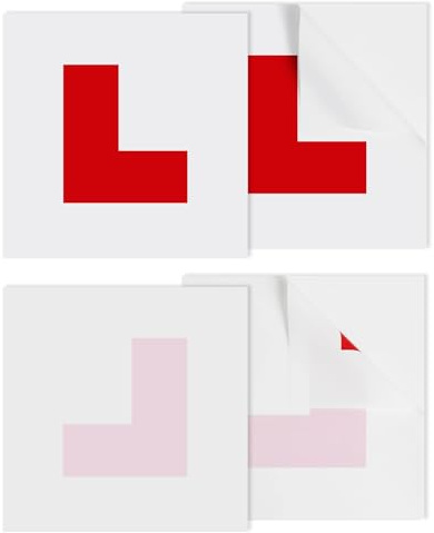 Makloee 4 Pack Car L-Plates Red L Plate for Driver Learner, Self Adhesive L Plates for Car Window, 2 Outside Self Adhesive L Plates Sticker + 2 Electrostatic L-Plates for Inside Car Window