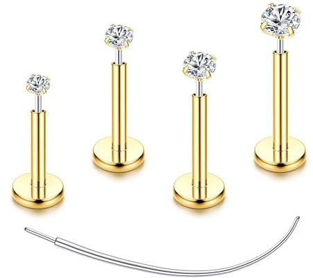 Chriscoco 4-8 Pcs G23 Titanio Piercing Trago Piercing Orecchio Naso Brillantino Helix Conch Labret Piercing CZ Piercing Labbro Inferiore Oro Argento Trago Piercing Donna 16G/18G/20G, F