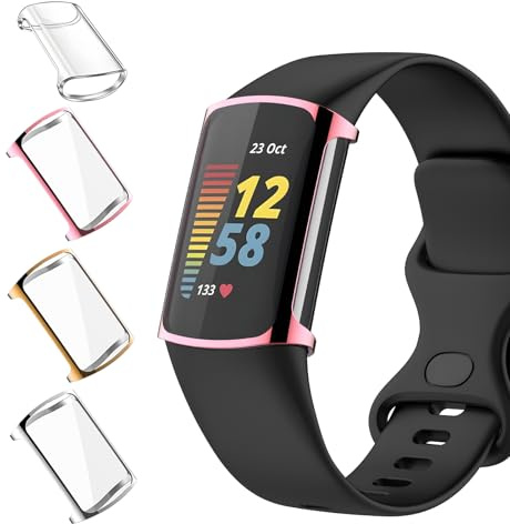 Vozehui 4 Pack Screen Protector Compatible with Fitbit Charge 6/5, TPU Full Coverage Plated Watch Protective Cover Bumper Shell Cover, Pink+Gold+Silver+Transparent