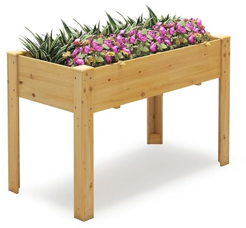 HOMASIS Huerto Urbano de Madera Abeto, 120 x 60 x 81 cm, Jardinera Elevada Terraza Exterior con Orificio de Drenaje, Compartimento de Almacenamiento, para Jardín, Balcón, Casa (Amarillo-marrón)