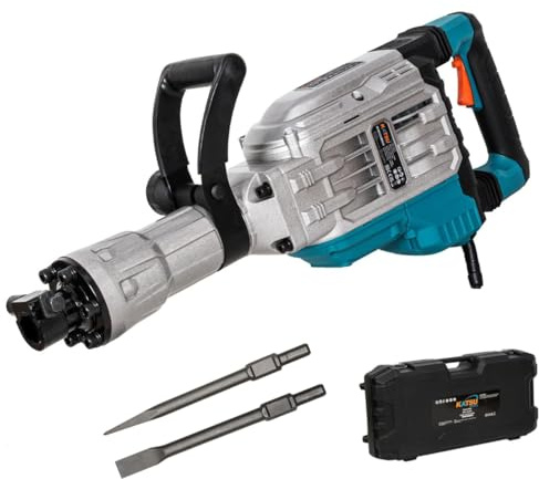 KATSU Tools Martillo Demoledor de 1700W, Fuerza de Impacto de 60J, 1900bpm, Antivibración, Mango Lateral Multiposición, Cinceles Puntero y Plano, Maletín de Transporte, Modelo 101107