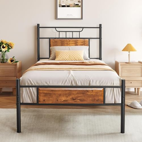VECELO Bett 90x200 cm mit Holzkopfteil, Holz Metallbett mit Lattenrost, Bettgestell Bettrahmen aus Metall, Einzelbett Jugendbett Gästebett, perfekt für Schlafzimmer, Braun