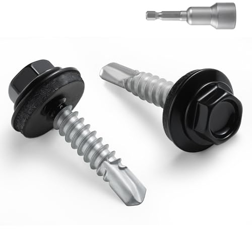BNUOK #10 x 1 in Self-Drilling Metal Roofing Screws,Sheet Metal Roof Screw,EPDM Washer,Black Hex Head,with Hex Driver Bit(1LBs,85Pcs)