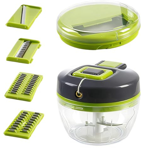 Ftemglo Tritatutto Manuale, 520ml Trita Cipolla Manuale con 3 lame Multiuso in Acciaio Inossidabile, Senza BPA, Affetta Verdure Mano per Insalata, Aglio, Carne, Frutta