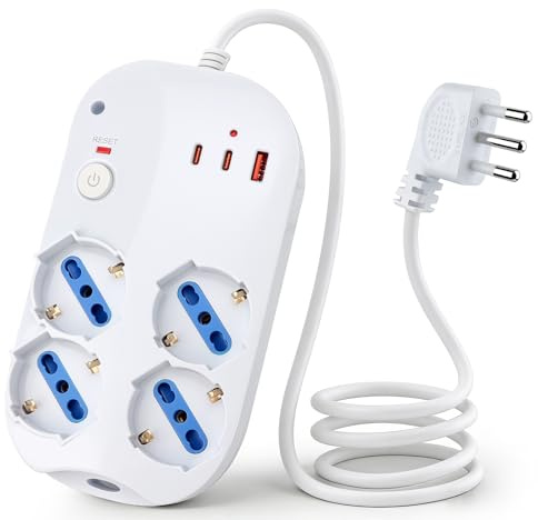 EXTRASTAR Multipresa Ciabatta Elettrica 4 Prese Schuko 10/16A con 3 Porte (2 USB-C + 1 USB-A), Interruttore One-Touch, Spia LED, Cavo 1.5m, 2500W Max, per Casa/Ufficio