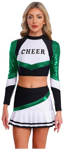 Yihuimin Halloween Cheer Leader Kostüm Damen Cheerleading Uniform Outfits Langarm Tanztop Mit Rock Faschingskostüm Grün M
