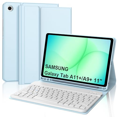Coque Clavier pour Samsung Galaxy Tab A11+/A9+ 11 Pouces, AZERTY Français Housse Clavier Bluetooth Détachable avec Porte Crayon pour Tablette Samsung Galaxy Tab A11/A9 Plus 11 2025/2023, Bleu Ciel