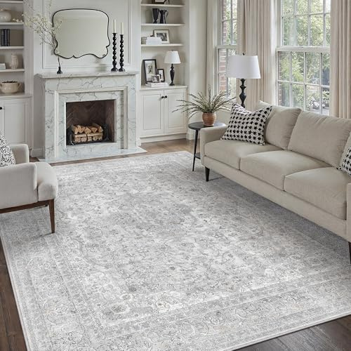 PureCozy Tappeto per soggiorno, 200 x 300 cm, lavabile, vintage, grigio, a pelo corto, antiscivolo, morbido, grande, per camera da letto, sala da pranzo, bedroom, ufficio, soggiorno