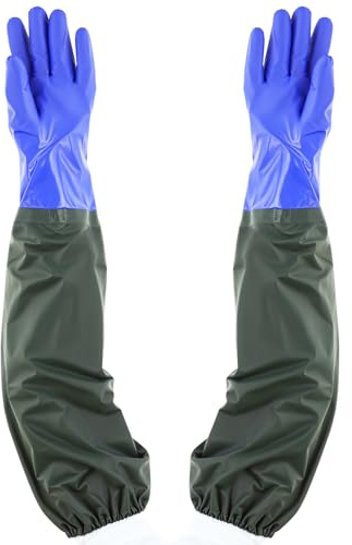QWORK® Guantes de estanque, guantes de trabajo de seguridad impermeables, guantes de PVC de brazo completo para jardinería, acuarios y saneamiento,70cm, forrados con forro polar