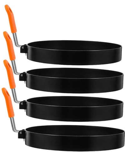 Stampi per Uova Rotondi 4 Pezzi in Acciaio Inox con Manico in Silicone | Stampini Forma di Uovo, Adattabili a Piani Cottura, Facili da Pulire, per Cucinare e Sandwich