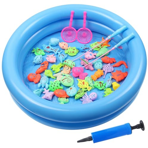 RNPKZ 50 PCS Angeln Spielzeug, Angelspiel für Kinder Wasser,Magnet Angelspiel für Kinder ab 3 Jahre,Baby Badespielzeug Wasserspielzeug mit Angeln & Aufblasbarer Fischteich Angelns Geschenk für Kinders