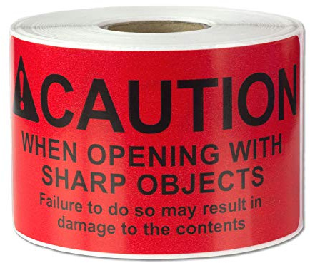 Caution When Opening with Sharp Object Labels (4 x 2 inch, Red - 300 Labels) International Instruction Warning Labels with Strong Adhesive