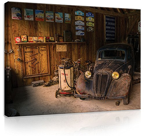 Forwall Leinwand Bilder - Auto Retro Werkstatt Vintage Route 66, 60x40 cm | Leinwandbilder, Bild auf leinwand, Wandbild XXL groß Wandbilder für Wohnzimmer Schlafzimmer Wohnzimmerbilder