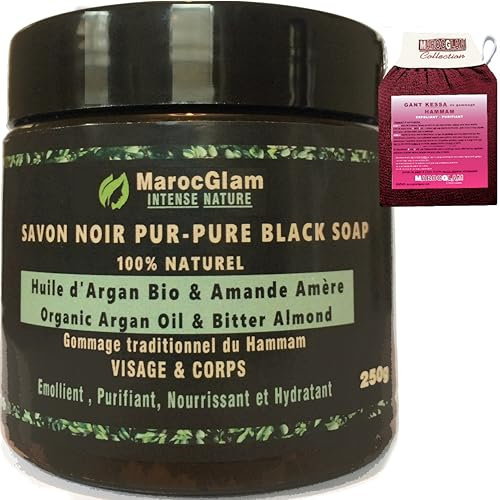 Savon Noir Hammam à l'huile d'argan BIO et l'Amandes amères 250g + Gant de gommage Kessa. Gommage au savon noir Corps et Visage, Purifiant Hydratant et Nourissant