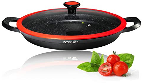 INTIGNIS® 36 cm Paellapfanne mit Glasdeckel • GREBLON® Keramik-Antihaft • Für alle Herdarten inkl. Induktion • Spül- & Ofenfest • Geschenkverpackung • Für 6–8 Personen (Schwarz, 36 CM)