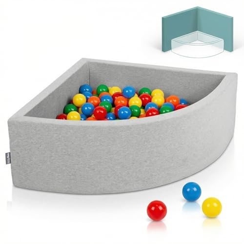 KiddyMoon Eckiges Viertel Bällebad 90x30 cm mit 300 Bälle 7 cm Schaumstoff Bällepool für Baby und Kleinkinder - Hellgrau: Gelb Grün Rot Orange