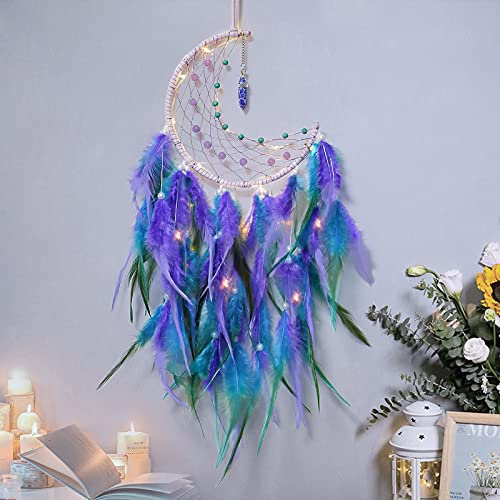 Dremisland Traumfänger mit LED Licht Handgefertigt Mond Dreamcatcher mit Federn Boho Dekoration Blau Lila Federn Wandbehang Ornament Macramé Kinderzimmer-Accessoires für Kinder Geschenk Weihnachten
