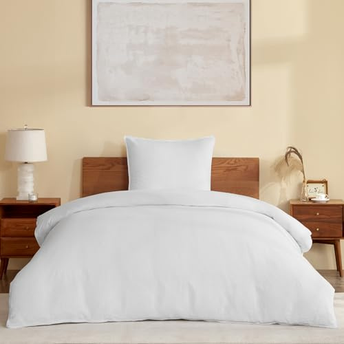 DAPU Biancheria da letto in lino, 100% puro lino francese, traspirante, 135 x 200 cm+1 80 x 80 cm, con standard Öko-Tex 100, morbido copripiumino con chiusura lampo, bianco