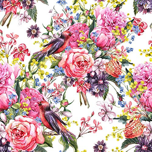 ReWallpaper Selbstklebende Tapete Blumen Bunt mit Vögeln Tapeten Wohnzimmer Rosa Pfingstrosen 44.5CM×3M Rolle Klebefolie Blumen Wand Tapete Selbstklebend Möbelfolie Muster Vögel Blumentapete Mädchen