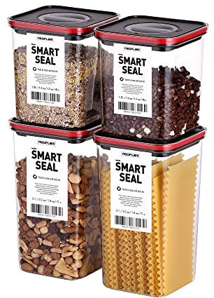 Neoflam® Vorratsdosen mit Deckel luftdicht & Einhanddrehverschluss | Vorratsdosen - BPA frei | Aufbewahrungsbox Küche | Vorratsboxen mit Deckel | schwarz/rot 2x 1.35L & 2x 2.1L