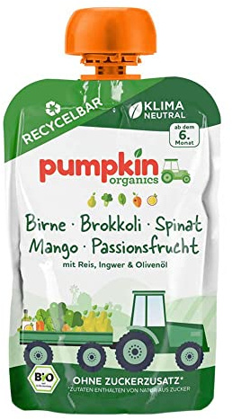 Pumpkin Organics Quetschie - mit Birne, Brokkoli, Spinat, Mango, 100g (6er Pack)