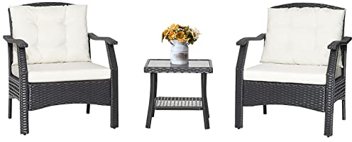 COSTWAY 3-Piece Rattan Bistro Set, Patio Sofa Set Garden Table and Chairs with Cushions, Outdoor Furniture Wicker Conservatory Set for Balcony, Backyard, Terrace and Poolside
