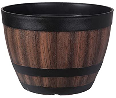 Aoguaro Small Whiskey Barrel Flower Pots Imitation Wooden Flower Pots, Classic Rustic Wood - Look Plastic Half Barrel Flower Barrel, for Home Outdoor Garden Yard Patio