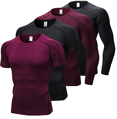 Paquete de 4 camisetas de compresión para hombre, manga larga/corta, atlético, entrenamiento, gimnasio, deportes activos, capas base, 2 W rojo + 2 negro, Small