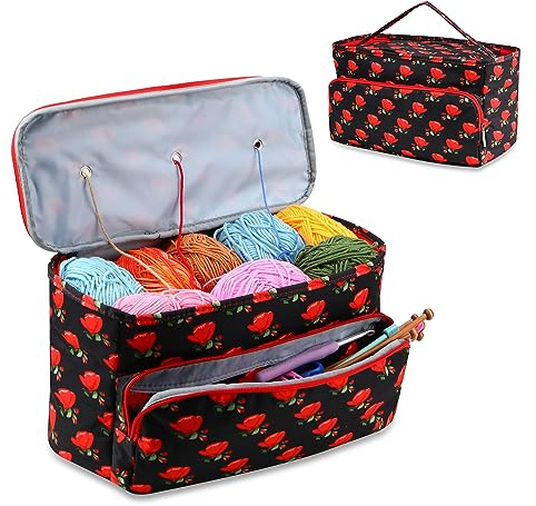JOZEA Stricktasche Aufbewahrung, Aufbewahrungstasche für Wolle Tangle Free mit 3 Ösen, Stricken Projekt Tasche und Totes Veranstalter große Stricktasche für Strickprojekte und Zubehör（Rosa）