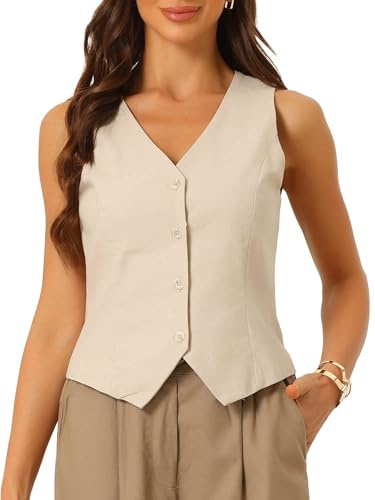 Allegra K Vest Tops for Women Summer Cotton Linen Sleeveless Button Down V Neck Fully Lined Waistcoat Cropped Vests Medium Khaki