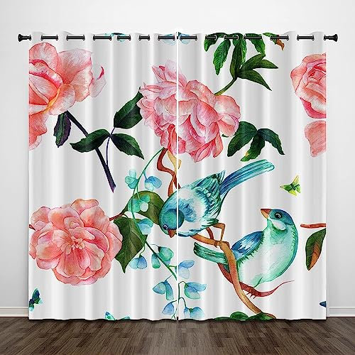 Schattierung Vorhänge Rosa Pflanzenblumen Und Vögel 3D Druck 2Er Set Isolierung Schalldichte Kinder Gardinen Blickdicht Mit Ösen Vorhang Fenster Für Wohnzimmer Schlafzimmer Balkon -8K2M0S4P6F6