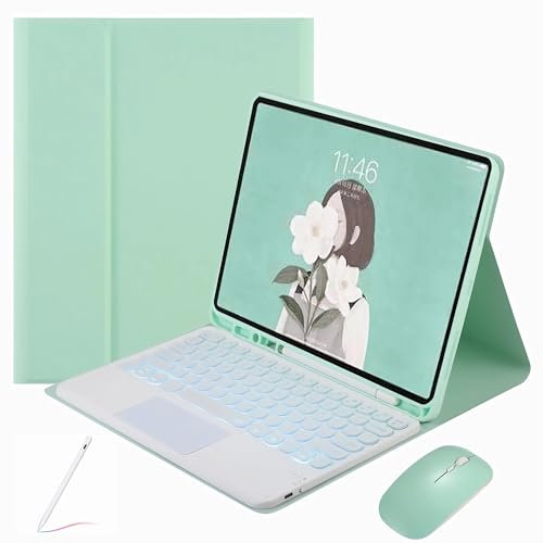 XFTeoux Funda con Teclado con Touchpad para Samsung Galaxy Tab S7 FE 5G 12.4 Inch 2021 Tablet con Ratón, 7-Color Teclado Luminoso Inalámbrico Bluetooth Desmontable, Funda Folio de Cuero,Verde