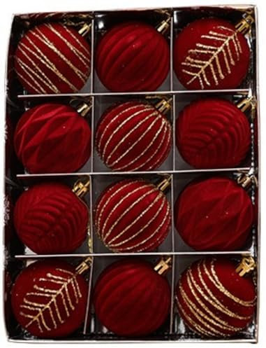 Lot de 12 boules floconnées, en velours vintage rouge et or, décoration pour arbre de Noël floquée bordeaux, grandes boules décoratives incassables à suspendre pour guirlandes de Noël