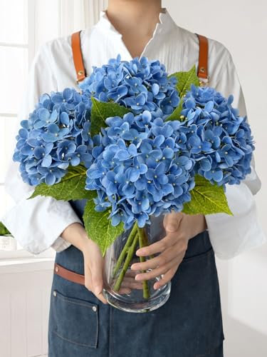 JINWOE Lot de 4 hortensias artificiels bleus de Savoie de 50,8 cm en soie réaliste au toucher réaliste pour bouquets, centres de table, printemps, mariage, intérieur