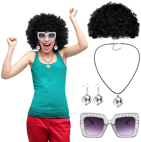 Bseical Karneval Kostüm Afro Perücke Damen Perücke Ohrringe Halskette und Brillen 70er 80er Jahre Outfit für Männer Damen Rocker Perücke Fasching Erwachsenenperücke