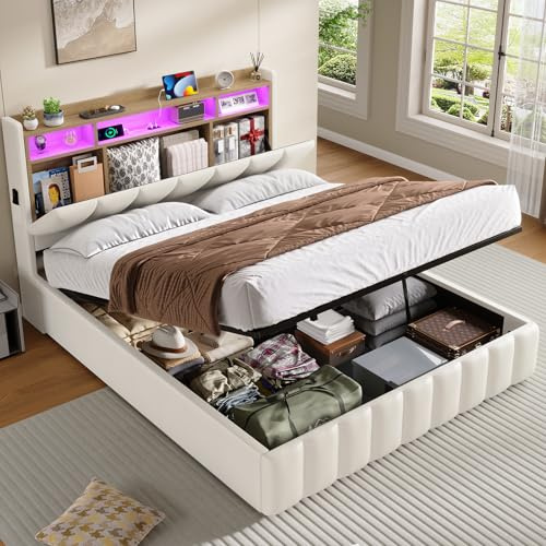 KIMENICH Bett mit LED Beleuchtung, Hydraulisches Bett 140 x 190 cm, Polsterbett, Regalkopfteil mit Stauraum, Bettgestell mit Lattenrost, bequem, für Schlafzimmer, Gästezimmer, PU Weiß
