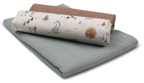 VmG-Store Musselin + Baumwollstoff Set farblich abgestimmt Double Gauze Stoff 100% Baumwollstoff Tex Standard 100 (Set27 Waldtiere Off White)