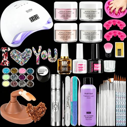 Acrylic Powder Acrylic Nail Kit: 4 Colors Nude Pink Transparent White - UV Lamps with Practice Hand Nail Practice Kit for Nail Art Enthusiasts - Electric Nail File Acrylic Nail Remover