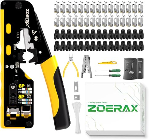 Professionelles 10 in 1 RJ45 Crimpzange, Netzwerktester (PoE-sicher), Abisolierzange mit 50× Cat 7 Stecker & RJ45-Steckerschutz