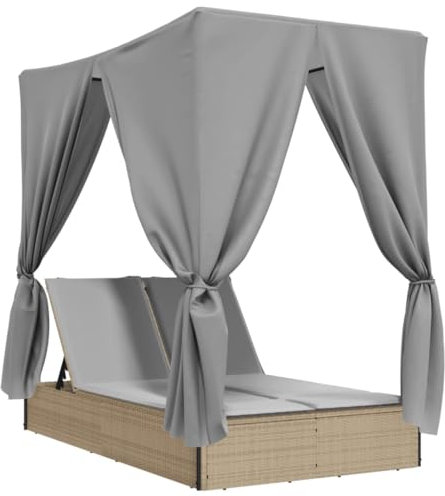 Eleganz Doppel-Sonnenliege mit Dach und Vorhängen aus PE-Rattan & pulverbeschichtetem Stahl – Perfekt für Garten & Terrasse – Bequem & Langlebig