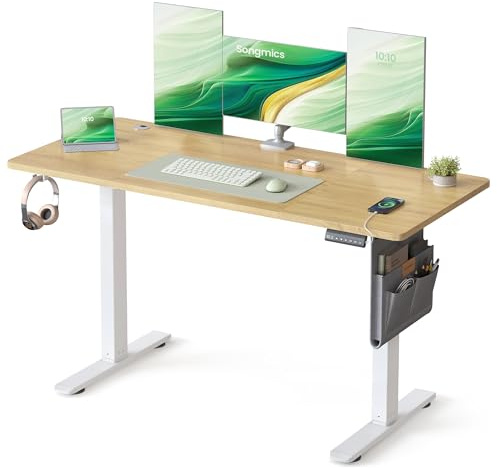SONGMICS Höjdjusterbart elektriskt skrivbord, 140 x 60 cm, stående, 4-höjds minnesfunktion, för kontor, hemmakontor, guld, ek LSD134YA01