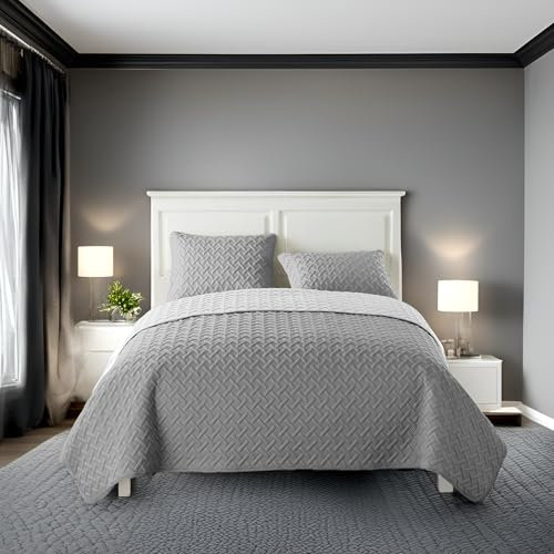 Luxury Quilted Bedspread Set – 3 Piece Reversible Coverlet with Pillowcases - Large Sofa Throw Cover Comforter Bedding Set (Grey, Single)