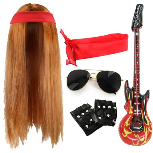 Adults 80s Rock Star Accessory Set - Long Ginger Wig, Plain Red Bandana, Black Sunglasses, Fingerless Gloves, Inflatable Guitar - Mens 1980s Rock Band Fancy Dress Costume Accessory Set